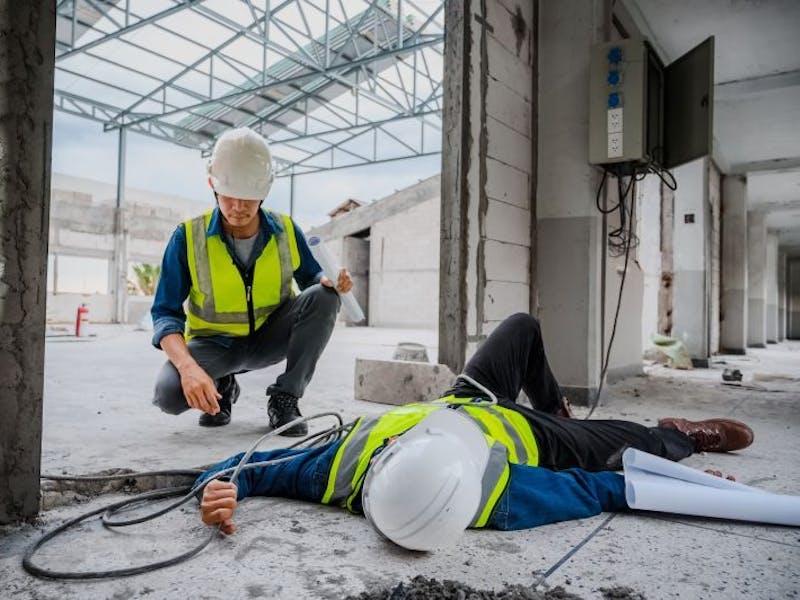 Worker in safety gear looking at workmate on the floor 